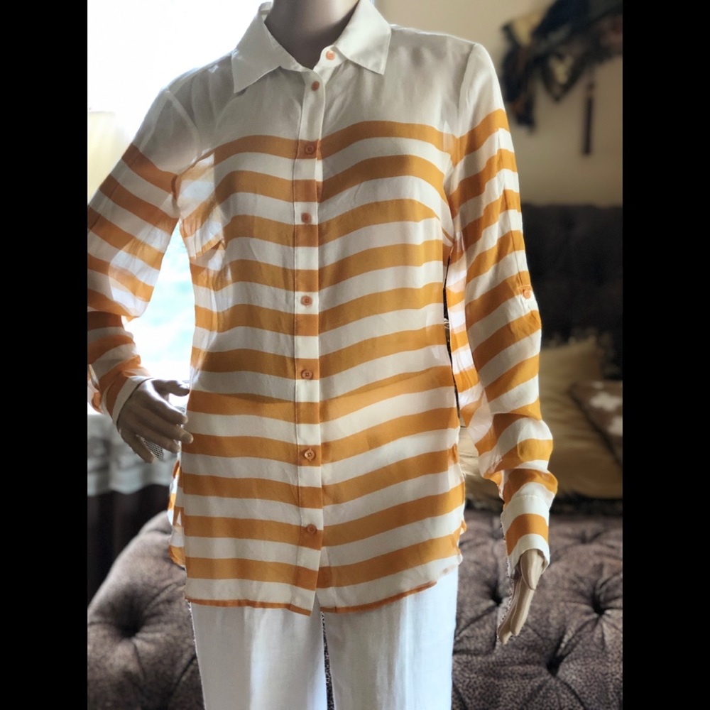 Bebe Sheer Striped Blouse Long Sleeves100% Silk S